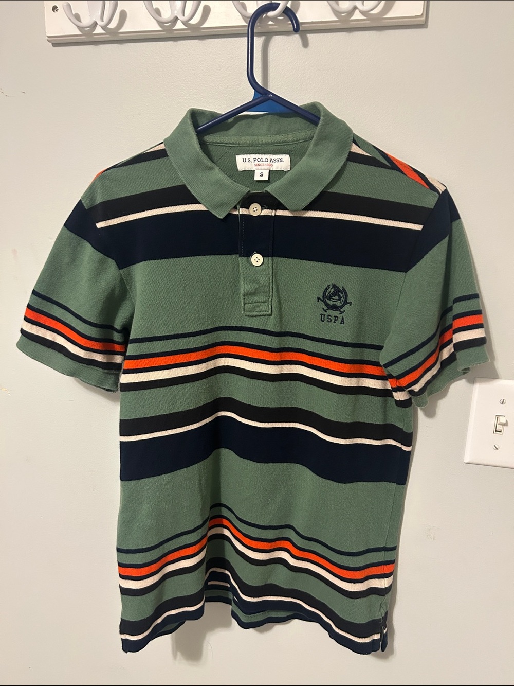 U.S. Polo Assn. Green Striped Polo with Navy, Cream & Orange Accents